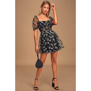 Lulus Radiant Love Black Floral Embroidered Short Sleeve Skater Dress